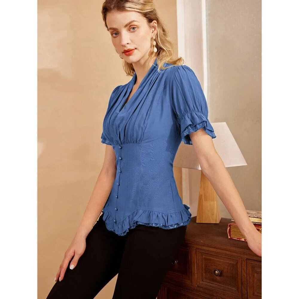 SCARLET DARKNESS Victorian Pleated Shirt Lace Up Work Blouse SKU: SLE02136-2 M